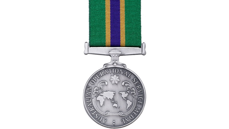Circular silver medal with green ribbon featuring gold and blue stripes and a silver star design