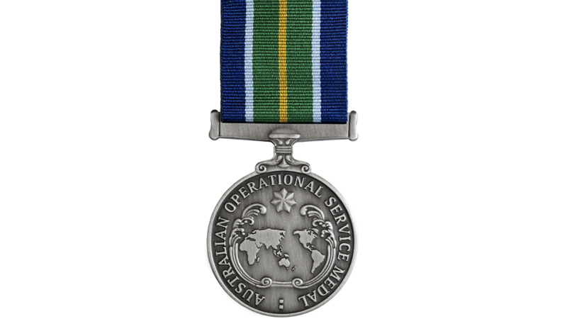 Silver medal with blue, green, and white striped ribbon and star emblem