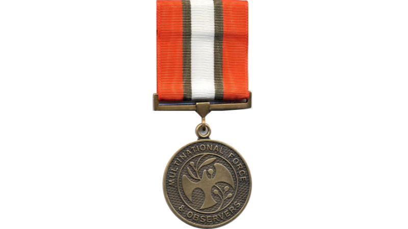 Bronze medal with red, white, and black striped ribbon and central emblem