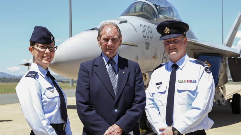 Air Marshal David Evans with Leading Aircraftwoman Emma Chapman and Leading Aircraftman Mason Gow in 2015.  Photo: Sergeant William Guthrie