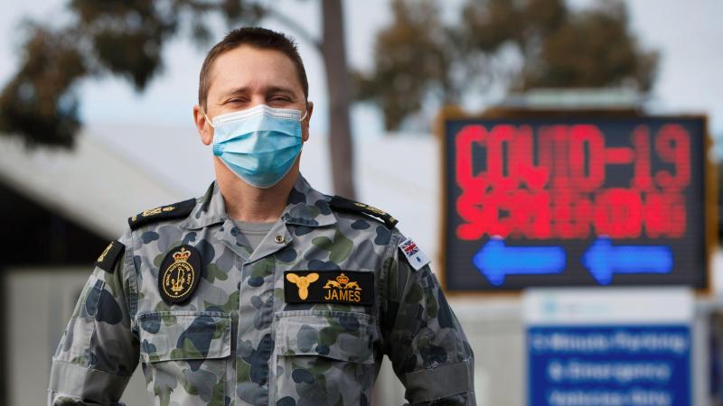 Petty Officer Gareth James at the Goulburn Valley Health testing site in Shepparton, Victoria, during Operation COVID-19 Assist. Photo: Private Dustin Anderson