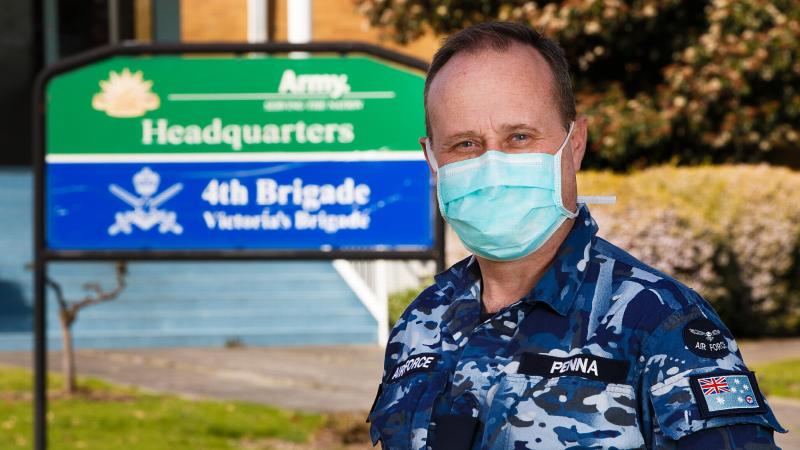 Air Force reservist Corporal Tony Penna, outside the Joint Task Group 629.2 headquarters at Simpson Barracks in Melbourne during Operation COVID-19 Assist. Photo: Private Dustin Anderson
