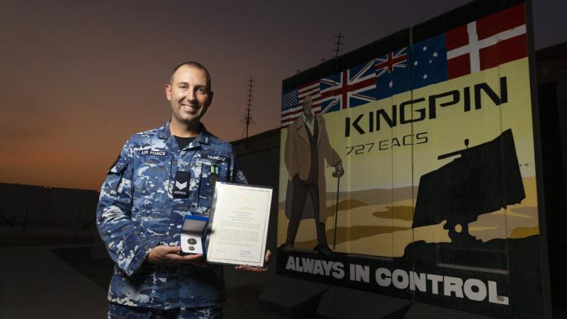 Sergeant Brendon Munday at the Air Task Element 630.1.4 Headquarters after being awarded an ADF Silver Commendation. Photo: Corporal Tristan Kennedy