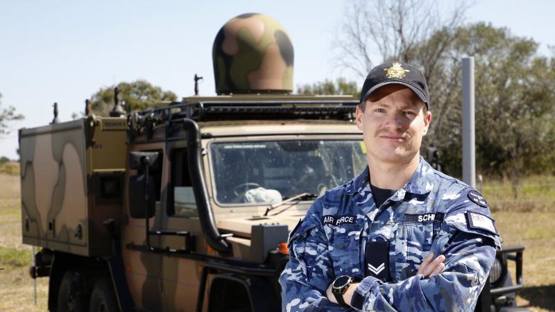 No. 3 Control and Reporting Unit air surveillance operator Corporal Steven Schultzwith with the BlueJay truck during Exercise Lightning Storm. Photo: Corporal Colin Dadd