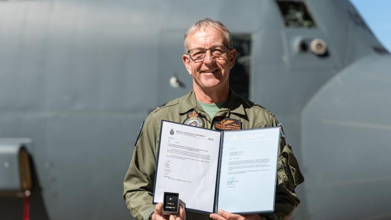 Warrant Officer Randolph Jachimowicz with a Federation Star and Fifth Clasp to his Defence Long Service Medal at RAAF Base Richmond. Photo: Gordon McComskie
