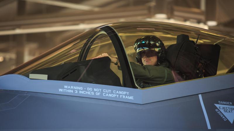 Wing Commander Darren Clare in an F-35A Lightning II at RAAF Base Williamtown during Exercise Lightning Storm. Photo: Corporal Melina Young