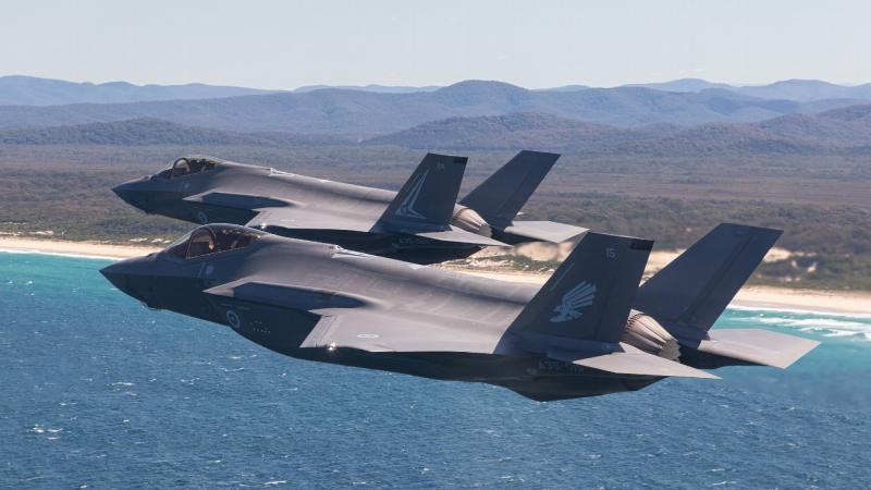 F-35A Lightning II aircraft fly in formation along the Newcastle region coastline in NSW during Exercise Lightning Storm. Photo: Sergeant David Gibbs