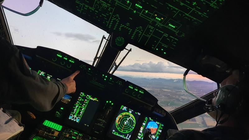 C-27J Spartan aircrew from No. 35 Squadron conduct an instrument approach into Tamworth, NSW, as part of a series of training missions during a Pilot Initial Qualification course.