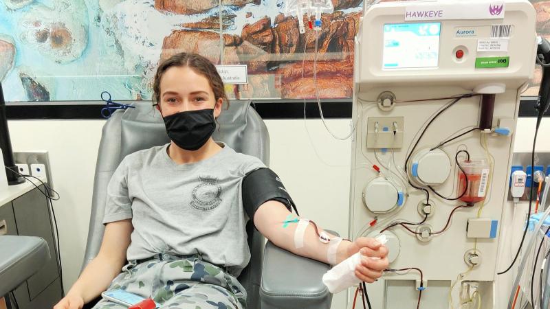 Seaman Gap Year sailor Louise Schultz celebrated her 19th birthday by making her first blood donation as part of the 2020 Defence Blood Challenge. Photo: Command Warrant Officer Michael Connors
