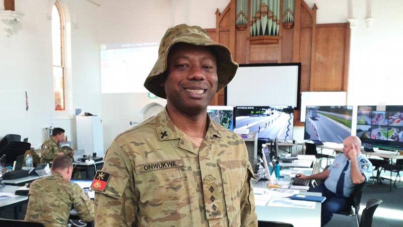 Chaplain Kene Onwukwe at the joint NSW Police/ADF border control headquarters in Albury, NSW. Photo: Lieutenant Commander James Thompson