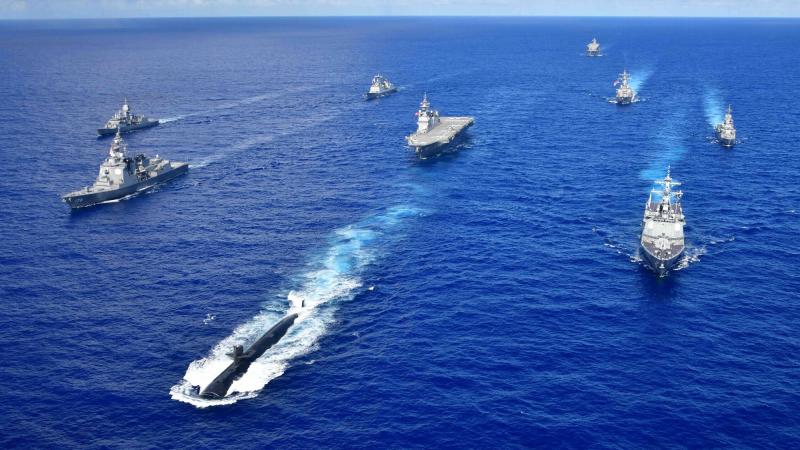 Ships of the RAN, South Korean Navy, Japan Maritime Self Defense Force and the US Navy sail in formation in waters off Guam during Exercise Pacific Vanguard.