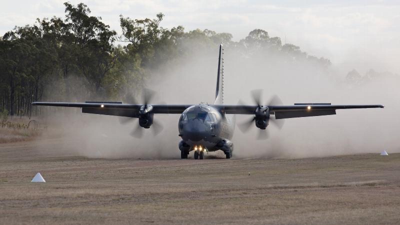 An Air Force C-27J Spartan A34-007 aircraft lands at Benning Airfield, Queensland during Exercise Ready Spartan Prove. Photo: Corporal Colin Dadd