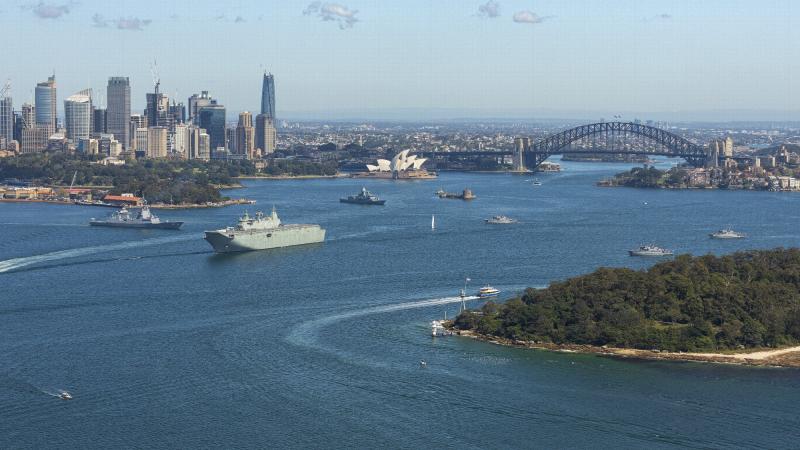 HMA Ships Adelaide, Sydney, Anzac, Huon, Gascoyne and Yarra depart Sydney Harbour. Photo: Leading Seaman Jarrod Mulvihill 