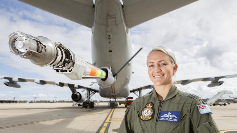Air refuelling operator Flight Lieutenant Ingrid Van Der Vlist with the KC-30A multi-role tanker transport advanced refuelling boom system. Photo: Corporal Jesse Kane