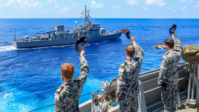 The crew of HMAS Stuart farewell BRP Apolinario Mabini at the conclusion of a passage exercise during a Regional Presence Deployment. Photo: Lieutenant Phillipe Fairs