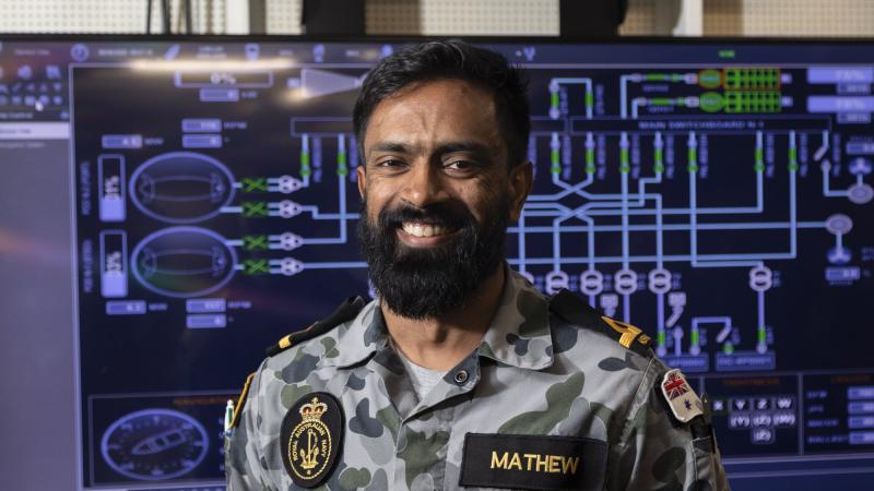 Marine Engineering Officer Sub Lieutenant Ninan Mathew on board HMAS Adelaide. Photo: Leading Seaman Sittichai Sakonpoonpol