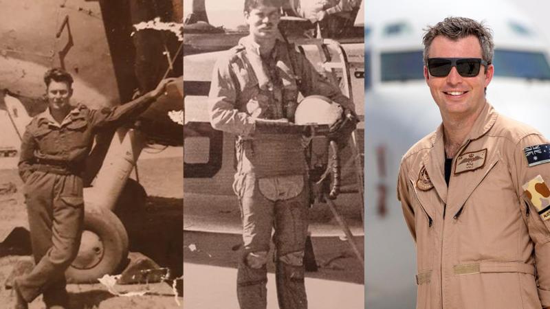 Three generations of military aircrew: Les ‘Bill’ Bailey, left, Peter Bailey, centre, and Flying Officer James Bailey. Photo: Corporal Tristan Kennedy
