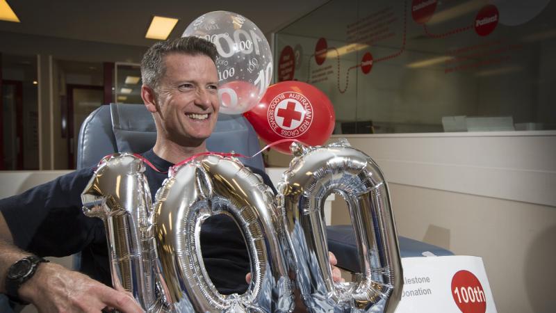  Warrant Officer Scott Biddell made his 100th blood donation at the Nepean Donor Centre. NSW, in 2018. Photo: Corporal Casey Forster 