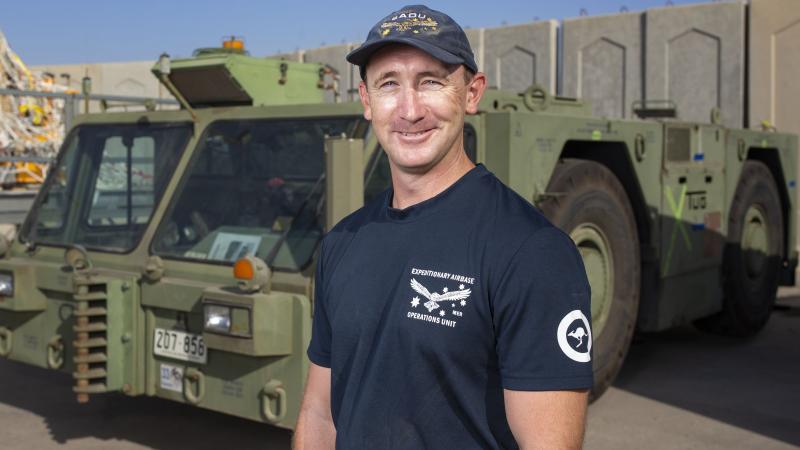 Air Force Ground Support Equipment Fitter Sergeant James Jacob at Camp McNamara in the Middle East. Photo: Corporal Tristan Kennedy 