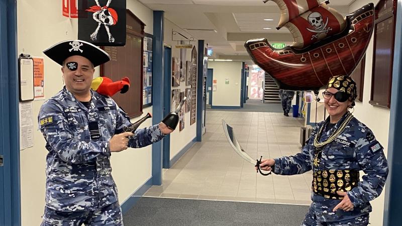 Squadron Leader Rob Dias, left, and Flight Lieutenant Belinda Colledge dressed as pirates in support of Ava’s Pirate Day Challenge and The Kids’ Cancer Project at RAAF Base Wagga.  