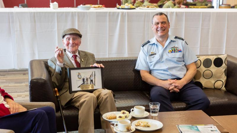 Geoffrey Edmonds with Commanding Officer No. 92 Wing at RAAF Base Edinburgh. Photo: Leading Aircraftwoman Jacqueline Forrester 