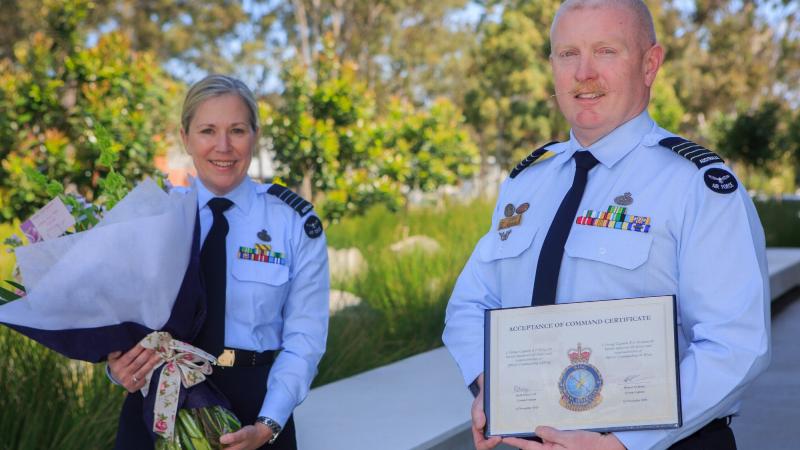 Group Captain Ruth Elsley hands over command to Group Captain Robert Graham at RAAF Base Williamtown. Photo: Corporal Melina Young
