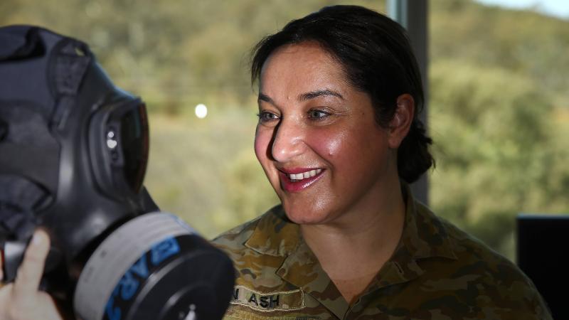  Major Erica Van Ash with an Airboss Low Burden mask designed to protect against chemical and biological threats. Photo: Warrant Officer Class 2 Max Bree