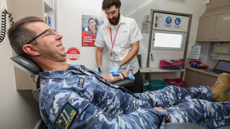 Sergeant Patrick Lee, of No.11 Squadron donates blood at RAAF Base Edinburgh. Photo: Corporal Brenton Kwaterski