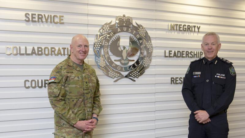 Commander of the Defence COVID-19 Task Force Lieutenant General John Frewen and South Australia Police Commissioner Grant Stevens at South Australia Police headquarters in Adelaide. Photo: Sergeant Bill Solomou 
