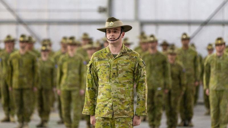 Officer Commanding Force Support Element 13 Major Peter McAuley during the transition-of-authority parade. Photo: Corporal Tristan Kennedy 
