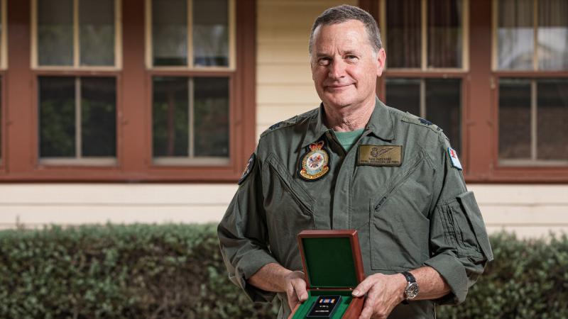 Warrant Officer David Pritchard with his Federation Star and Fifth Clasp to his Defence Long Service Medal for 40 years of Air Force service. Photo: Aircraftman Sam Price