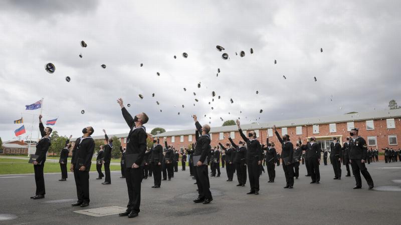 General Entry 385 Emms Division celebrates completion of their graduation ceremony at Recruit School HMAS Cerberus, Victoria. Photo: Leading Seaman Bonny Gassner