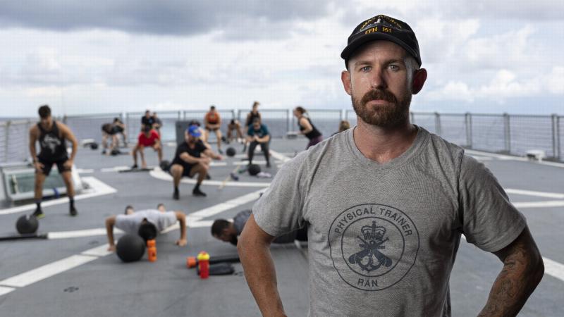 Physical Training Instructor Leading Seaman Matthew Rowe during a training session on HMAS Arunta. Photo: Leading Seaman Jarrod Mulvihill 