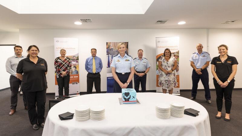 Warrant Officer of the Air Force Fiona Grasby with representatives of support services at the opening of the Community and Welfare Hub at RAAF Base Williamtown. Photo: Corporal Brett Sherriff