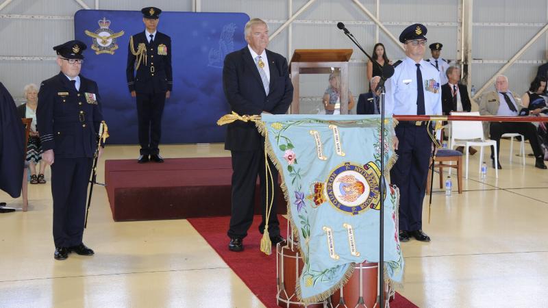 Senior Australian Defence Force Officer Wing Commander Andrew Brandham, left, Governor of Western Australia Kim Beazley and Commanding Officer No. 79 Squadron Wing Commander Simon Ashworth. Photo: Chris Kershaw Photography