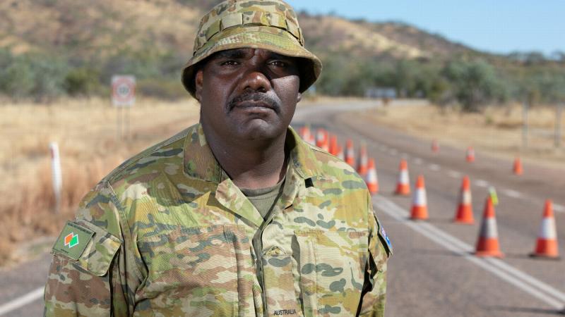 Private Frank Marrar at a check point near the Western Australia border during Operation COVID-19 Assist. Photo: Petty Officer Peter Thompson