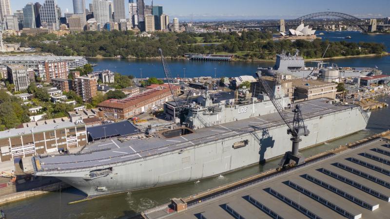 HMAS Canberra enters the Captain Cook Graving Dock at Garden Island, Sydney. Photo: Chief Petty Officer Kelvin Hockey