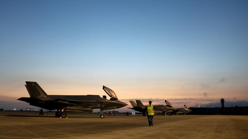 Three Royal Australian Air Force F-35A Lightning II aircraft on the flight line at Eglin Air Force Base, Florida, United States.