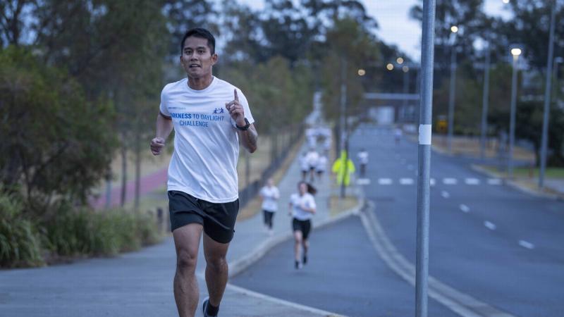 Members of 1st Signal Regiment take part in the run around Gallipoli Barracks, Enoggera, to raise funds and awareness for domestic violence.. 