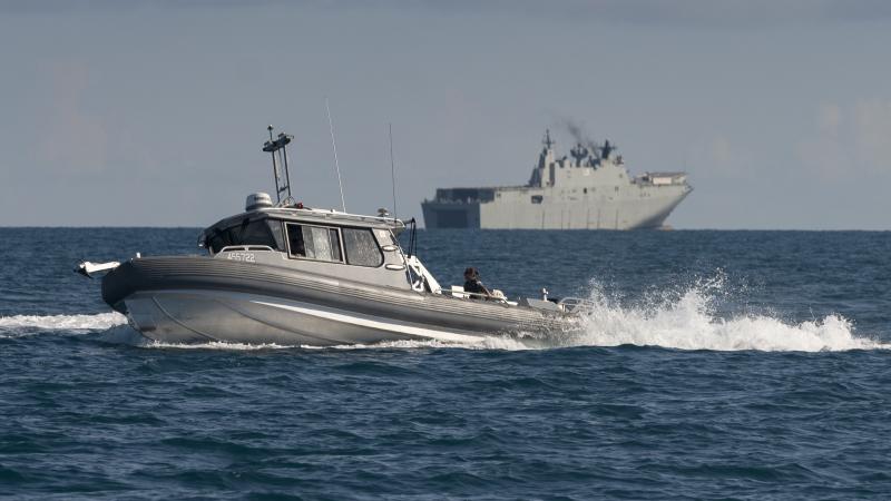Survey boat Polaris was launched from HMAS Adelaide for the first time during Exercise Sea Wader 2020. Photo: Able Seaman Sittichai Sakonpoonpol