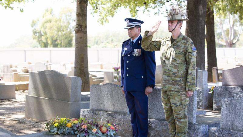 NSW Police Assistant Commissioner Joe Cassar with Joint Task Unit 629.1.3 Commanding Officer Lieutenant Colonel Andrew White at a memorial service for former soldier and police officer Tom Morris at Corowa. Leading Seaman Tara Byrne