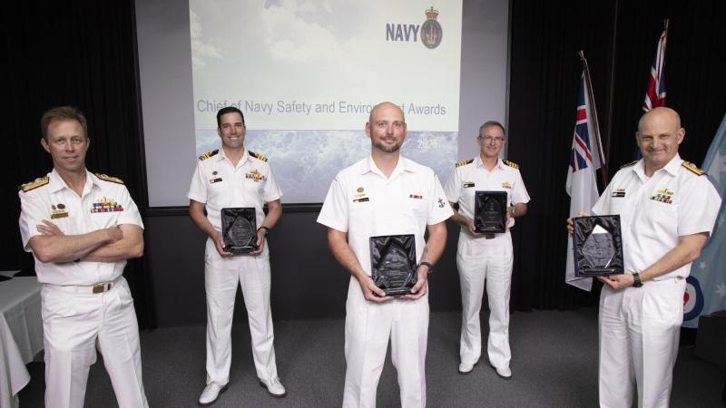 Vice Admiral Mike Noonan, left, Lieutenant Commander Jace Hutchison, Leading Seaman Brad Reynolds, Captain Jason Spears, Commodore Branddon Wheeler. Photo: Petty Officer Bradley Darvill  