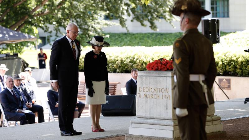  Governor-General General (retd) David Hurley and his wife, Linda, lay a wreath during the Remembrance Day service at the Australian War Memorial, Canberra.