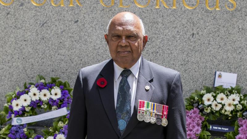 Warrant Officer Uncle Harry Allie at the 2020 Remembrance Day service in Sydney's Martin Place. Photo: Aircraftwoman Emma Schwenke