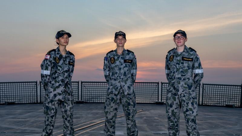 Northam trio Able Seaman Alana Yeates, left, Leading Seaman Julia Upton and Able Seaman Chloe Freebairn on the flight deck of HMAS Ballarat. Photo: Leading Seaman Shane Cameron
