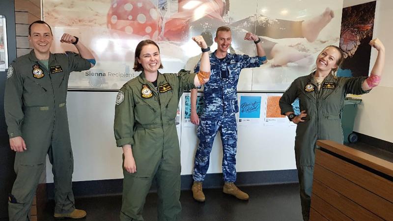  Pilot Officers Mitchell Bamonte, left, Lauren Ashley Finnerty, Philip French and Isabella Filmer after donating blood at No. 2 Flying Training School