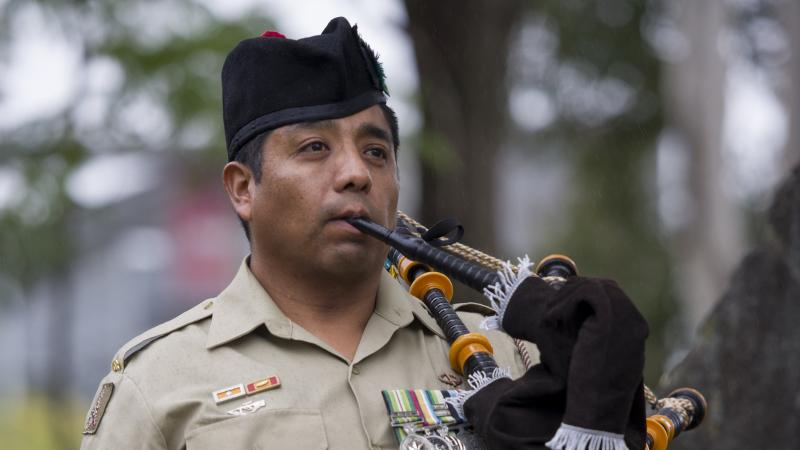 Corporal Javier Aguirre, from the 8th/9th Battalion, Royal Australian Regiment, with his bagpipes. Photo: Corporal Nicole Dorrett