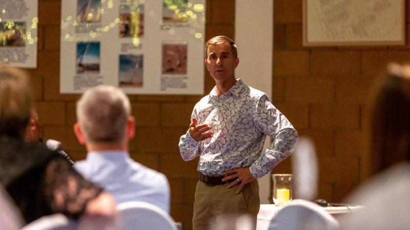 Air Commander Australia Air Vice Marshal Vincent Iervasi speaks to the attendees of the Woomera Protected Area stakeholders' dinner.