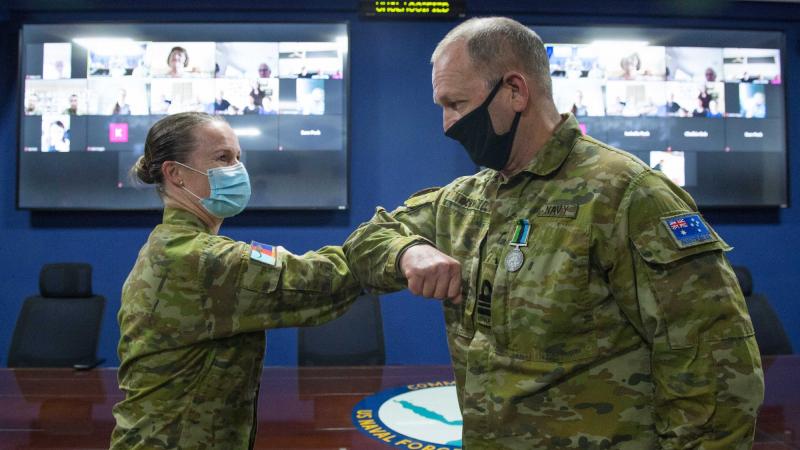 Lieutenant Commander Michael Gough was presented with the Australian Active Service Medal by Commander Joint Task Force 633 Major General Susan Coyle.