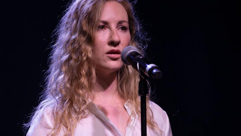 Petty Officer Jolene Garvie sings Creep during the ADF Arts for Recovery, Resilience, Teamwork and Skills program at the University of Canberra.